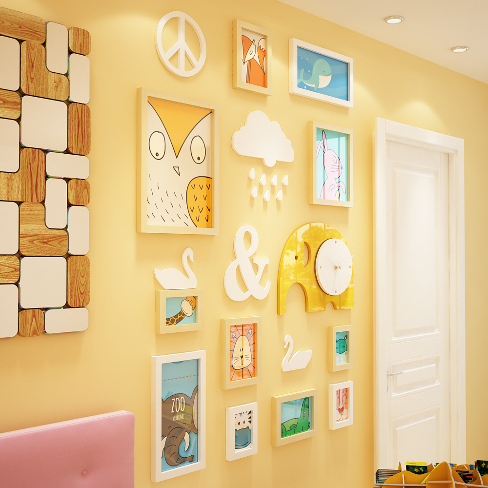 高分子_6190_卡通动物照片墙儿童房装饰组合相框墙大象钟表挂饰品