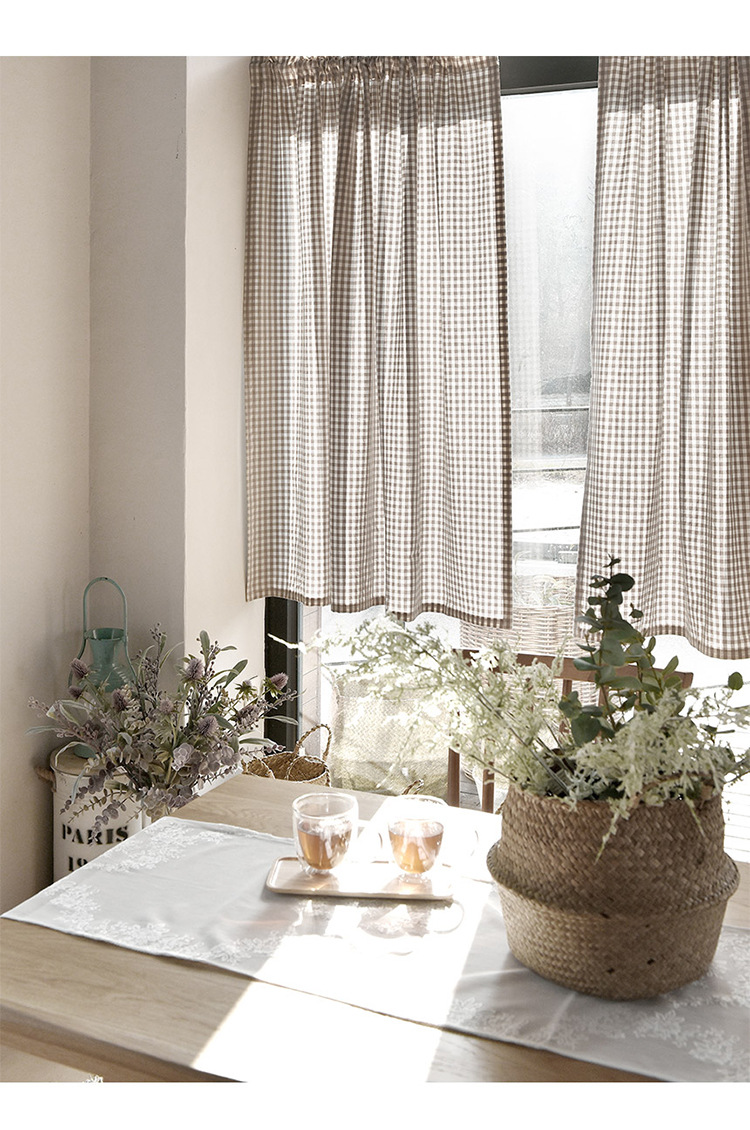 韩式清新田园风简约格子窗帘成品半遮光阳台飘窗小窗户免打孔窗帘