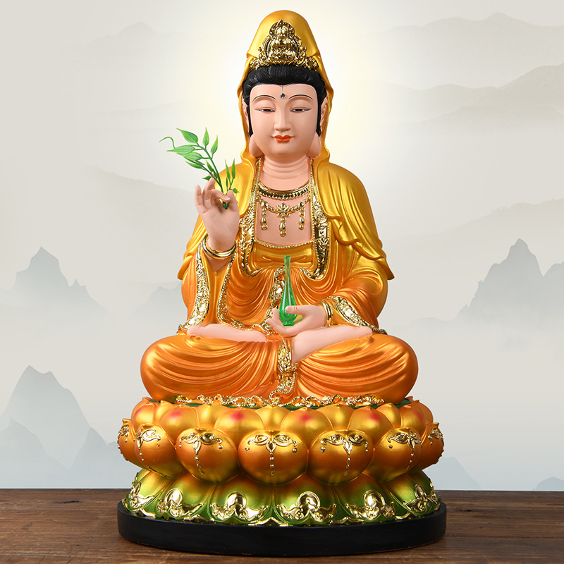 观音菩萨家用坐莲观音佛像供奉树脂金色娑婆三圣世音菩萨摆件