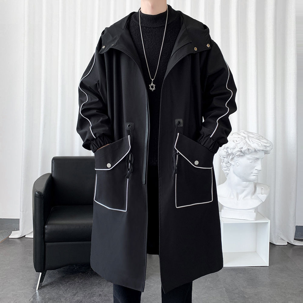 中长款风衣男春秋款过膝大衣帅气长款外套外穿上衣连帽夹克潮