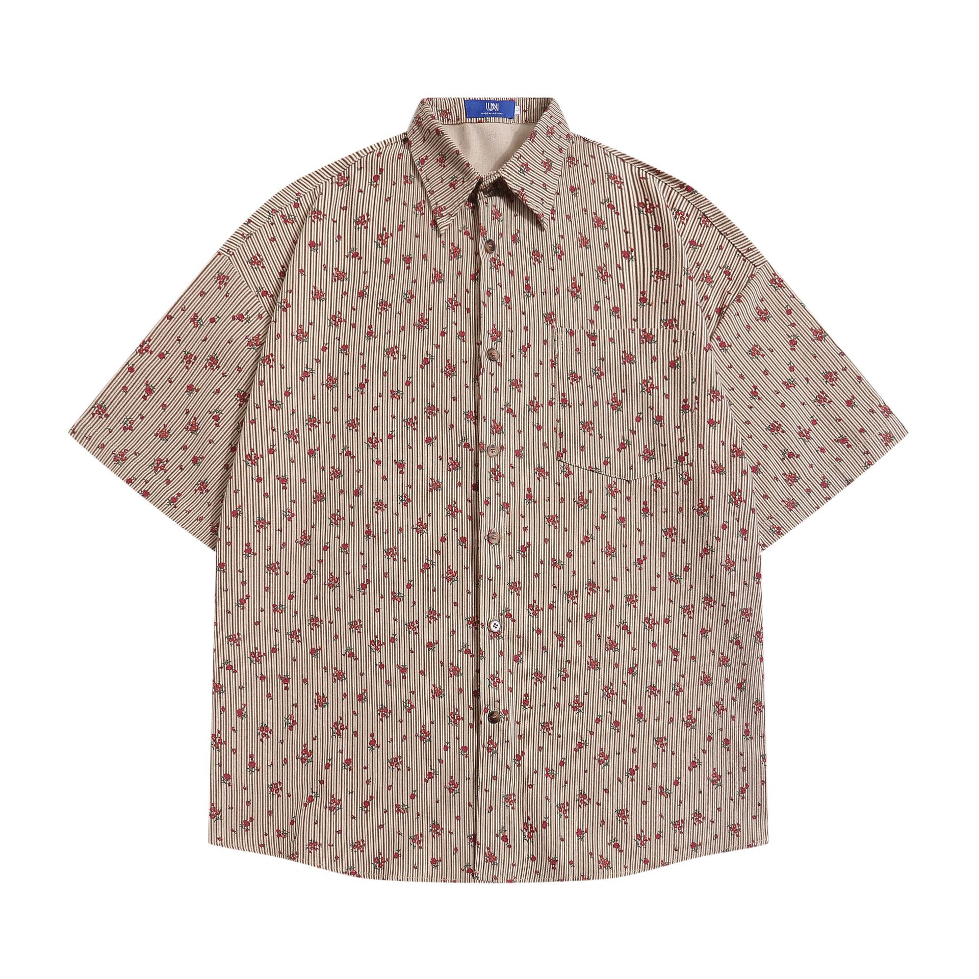 嘉衣库男装2024复古日系宽松古着衬衫条纹小碎花中古休闲短袖衬衣