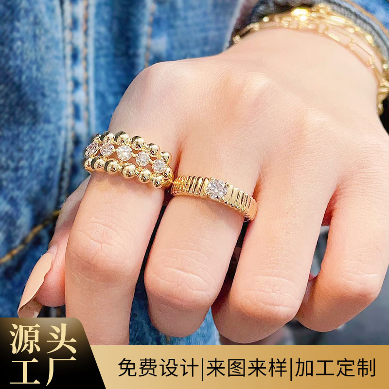 18k金镶嵌培育钻石戒指女厚金重工时尚复古百搭气质指环珠珠排戒