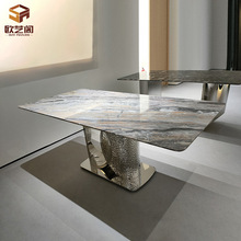 纯天然大理石奢石餐桌意式极简高端饭桌加厚镜面不锈钢轻奢餐台