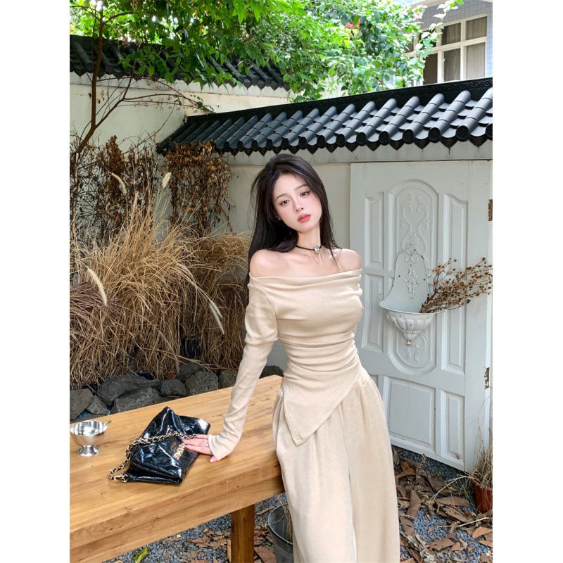 2023 Women's New Slim off-Shoulder Bottoming Top + High Waist Wide Leg Pants Suit Women Clothes