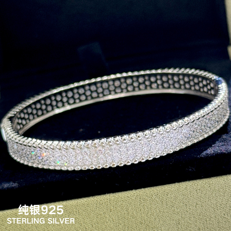 纯银s925宽版闪钻满钻麻花珠珠手镯粗版经典款百搭高级三排钻手环