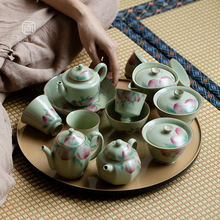 秘黄汝窑粉彩寿桃单个陶瓷盖碗茶壶茶杯组合家用复古女士功夫茶具