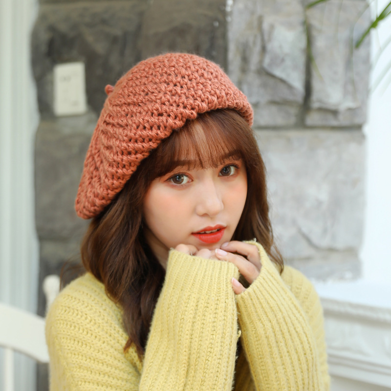 手工编织垂感针织贝雷帽女秋冬粗毛线画家帽子日系复古保暖蓓蕾帽