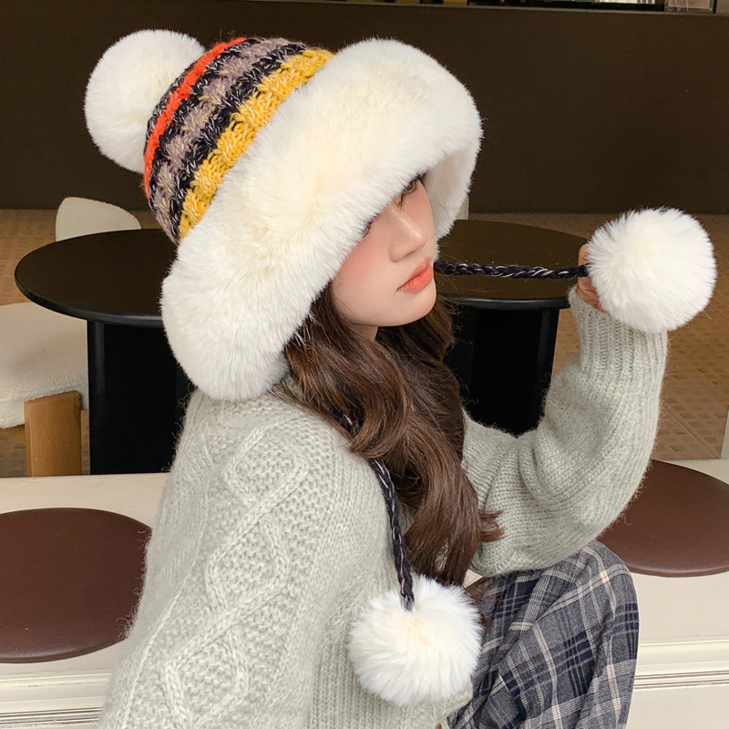 秋冬2023新款毛线帽子女保暖护耳防风大头围加绒加厚毛球针织帽子