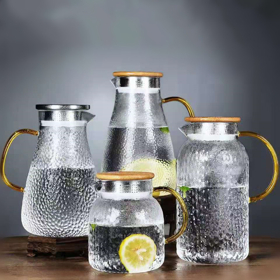 Borosilicate Glass Water Pitcher Hammer Pattern Combination Juice Drink Pot Set Stainless Steel Cover Large Capacity Glass Jug