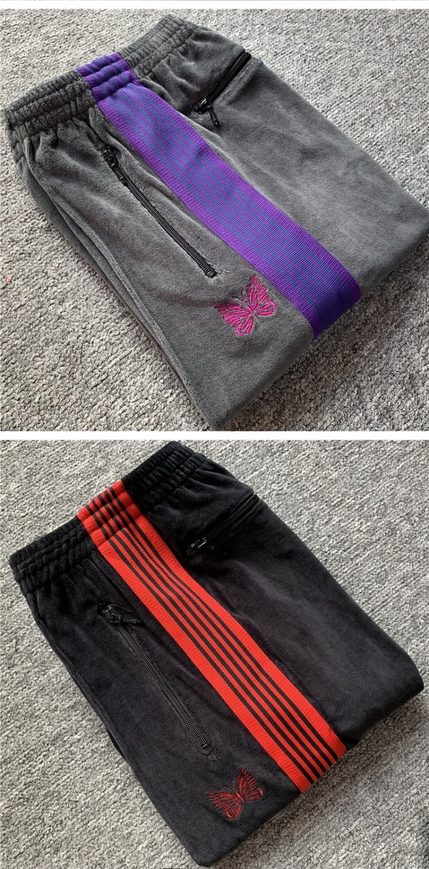 正确版本needles 丝绒蝴蝶裤子多色侧条纹长裤男女运动天使休闲裤