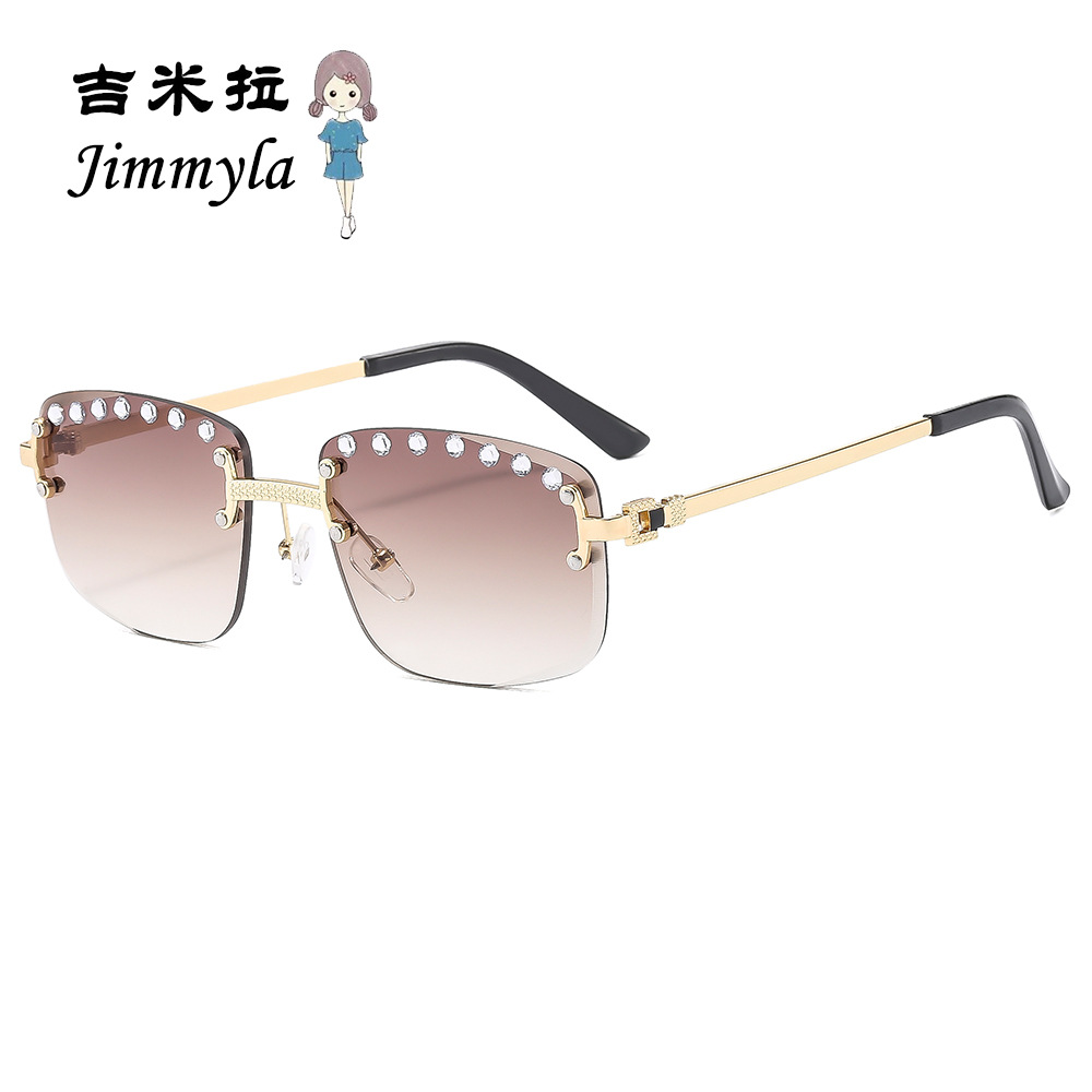 跨境新款金属点钻太阳镜 卡家潮流女士百搭墨镜 无框切边流行眼镜