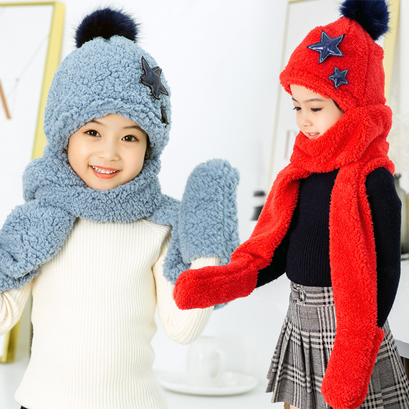 儿童帽子秋冬男童女童护耳帽围巾手套一体可爱超萌防风加绒宝宝帽
