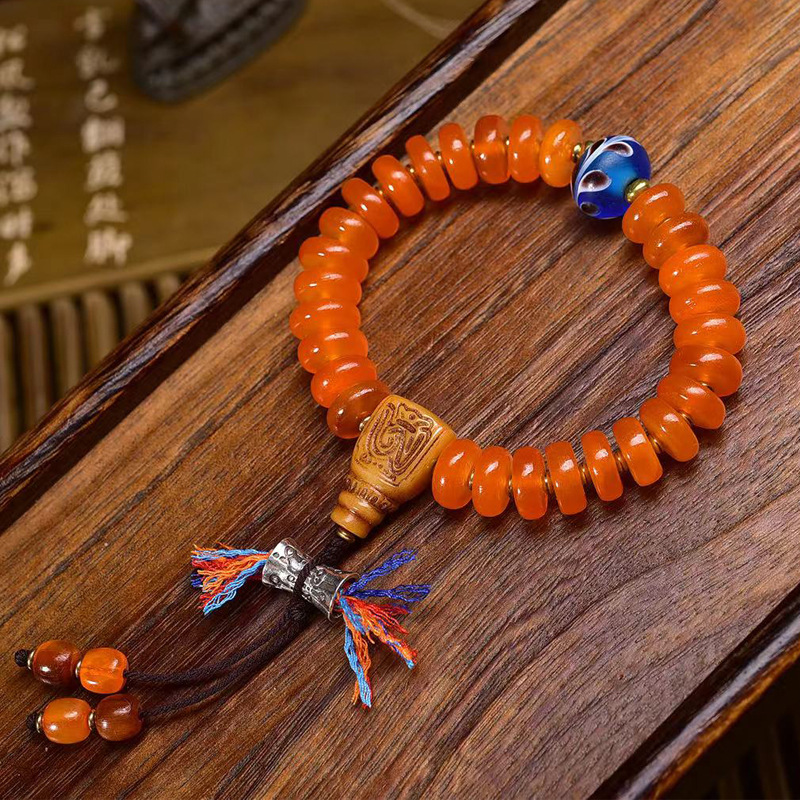 天然黄金甲山龟盘珠手串单圈回流骨三通凤尾琉璃配饰文玩佛珠手链