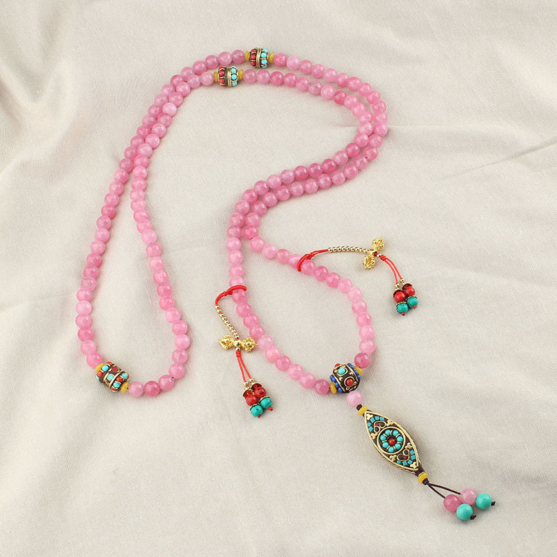 Long National Style New Chinese Style Oblique Broken Chain Powder Stone Handmade Beaded Back Necklace Multi-Purpose Ethnic Style Clothes Lanyard