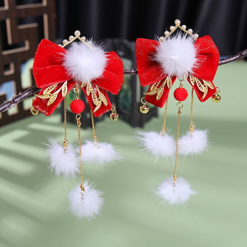 古装发夹汉服毛球头饰红色流苏边夹新年圣诞礼物古风女童夹子配饰