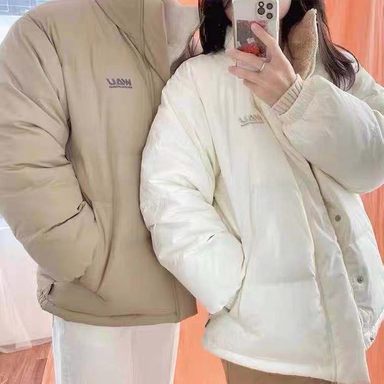 官网图 白鸭绒新韩国whoau羊羔绒外套男女情侣两面羽绒服宽松外套