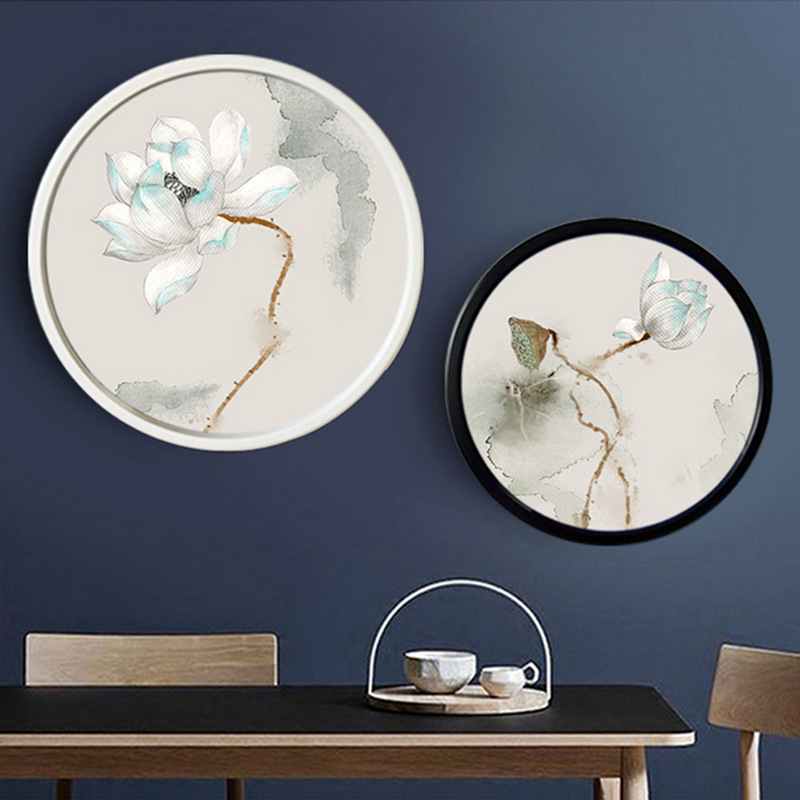 禅意水墨荷花创意圆形装饰画工笔花卉国画现代新中式客厅有框挂画