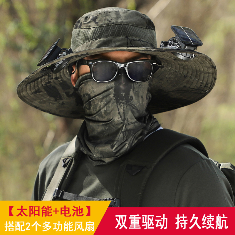 Long Endurance Lithium Battery Fan Solar Charging Strong Wind Power Summer Big Edge Sun Protection Hat Male Sun-Shade Fisherman Hat Quick-Drying