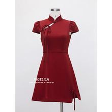 秋季红色立领拉链包肩短款复古气质旗袍连衣裙67029