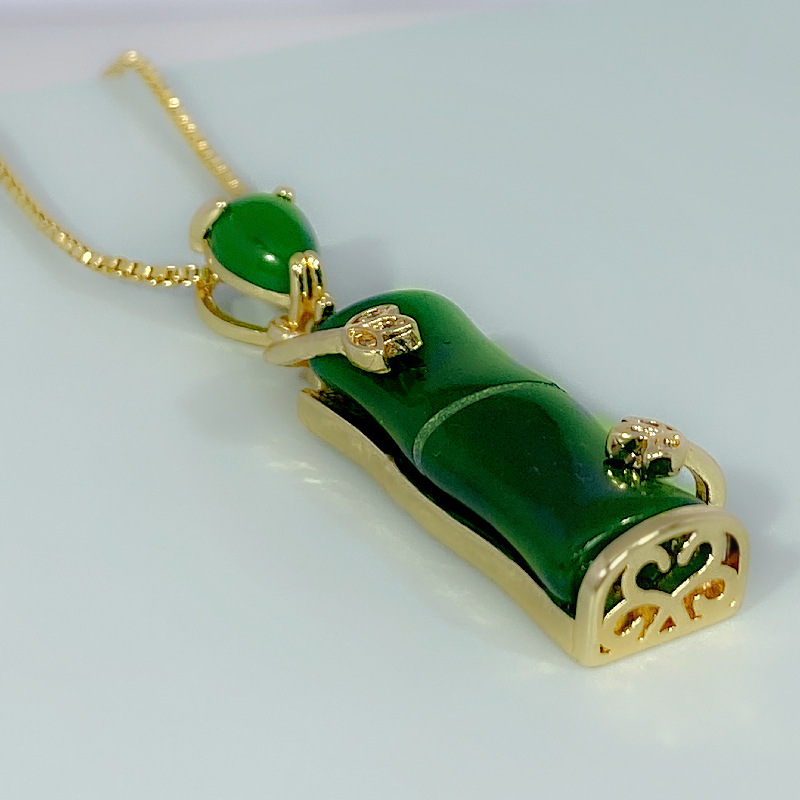 正品镀黄金镶玉古法竹节吊坠项链 竹子花叶节节高升吊坠新年礼物