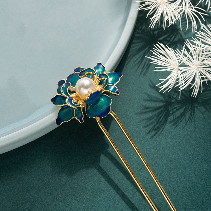 新国潮牡丹钗子汉服花丝掐丝头饰古风古装汉服珐琅发簪手工钗子