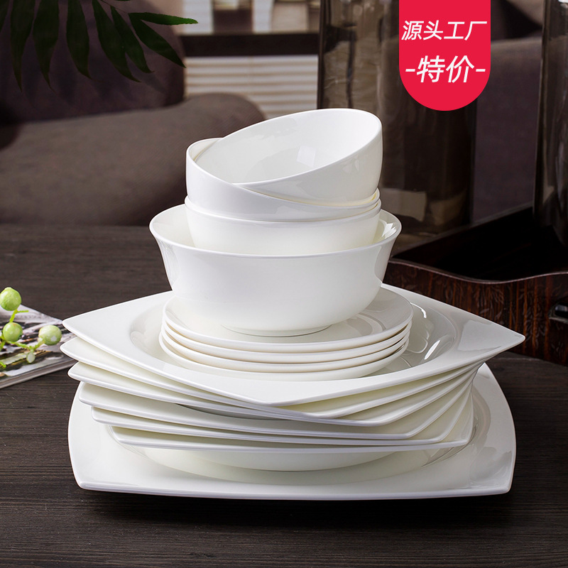 釉下彩骨瓷碗盘碟勺方形单品碗盘景德镇陶瓷餐具纯白碗碟套装家用