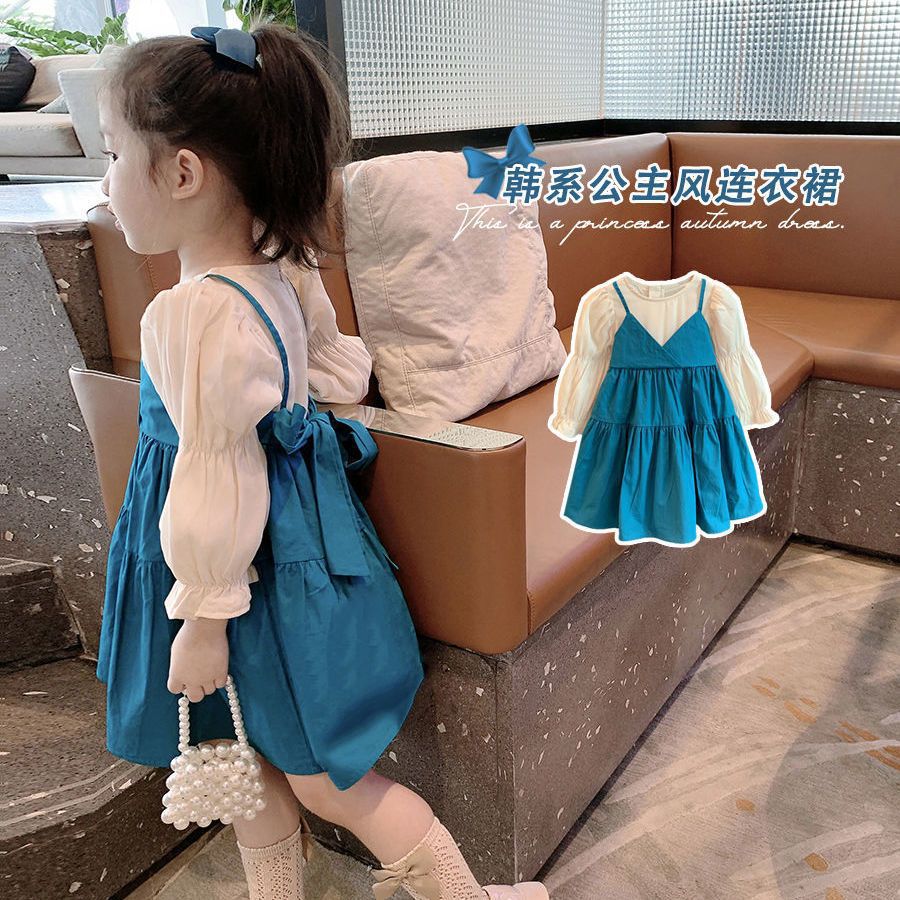 女童2023秋季新款假两件连衣裙女宝宝长袖公主裙秋装小女孩礼服裙