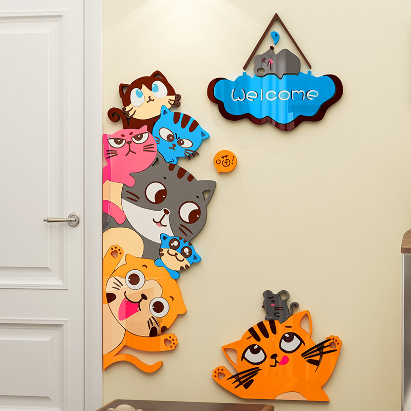 卡通贴纸猫咪墙贴画3d立体儿童房墙面布置宝宝卧室墙壁装饰门贴纸
