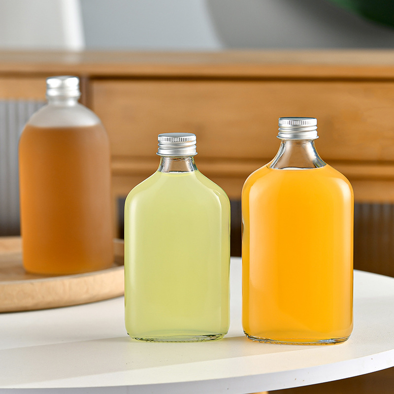 aluminum cover round beverage bottle small mouth milk tea juice glass bottle 100ml boston bottle 500ml fruit wine bottle