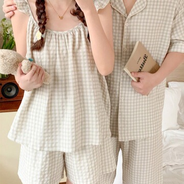 韩国ins女夏季新款情侣睡衣女韩系格纹简约舒适飞飞袖套装家居服