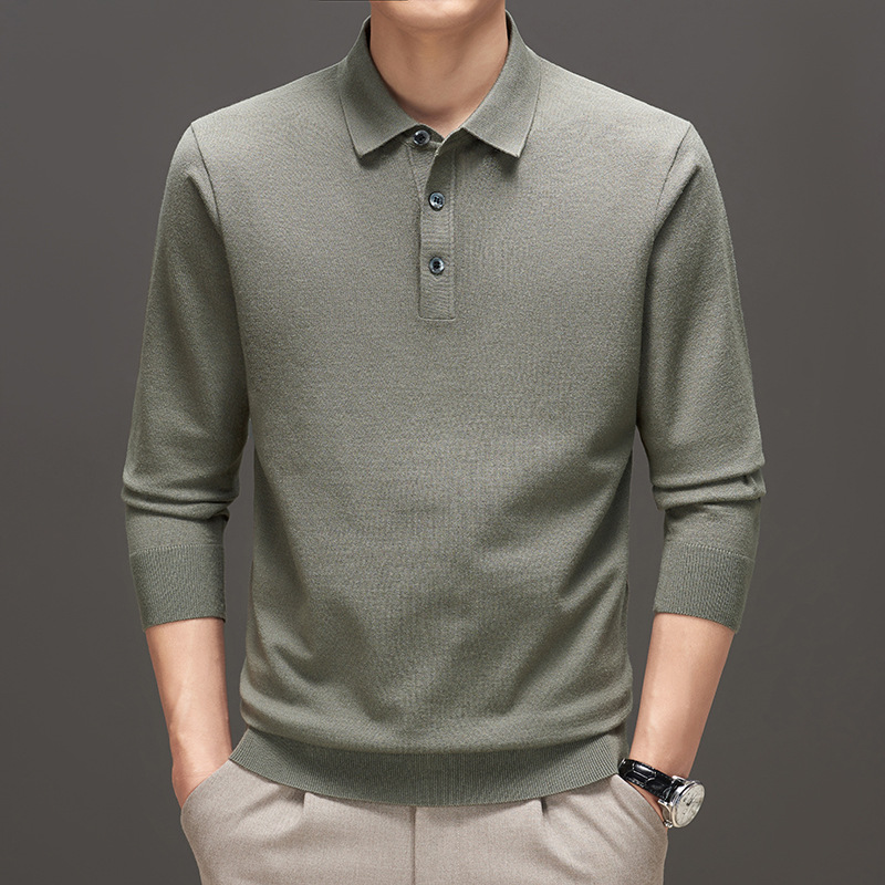 长袖翻领羊毛针织衫T恤男士秋季新款纯色简约百搭商务毛衣POLO衫
