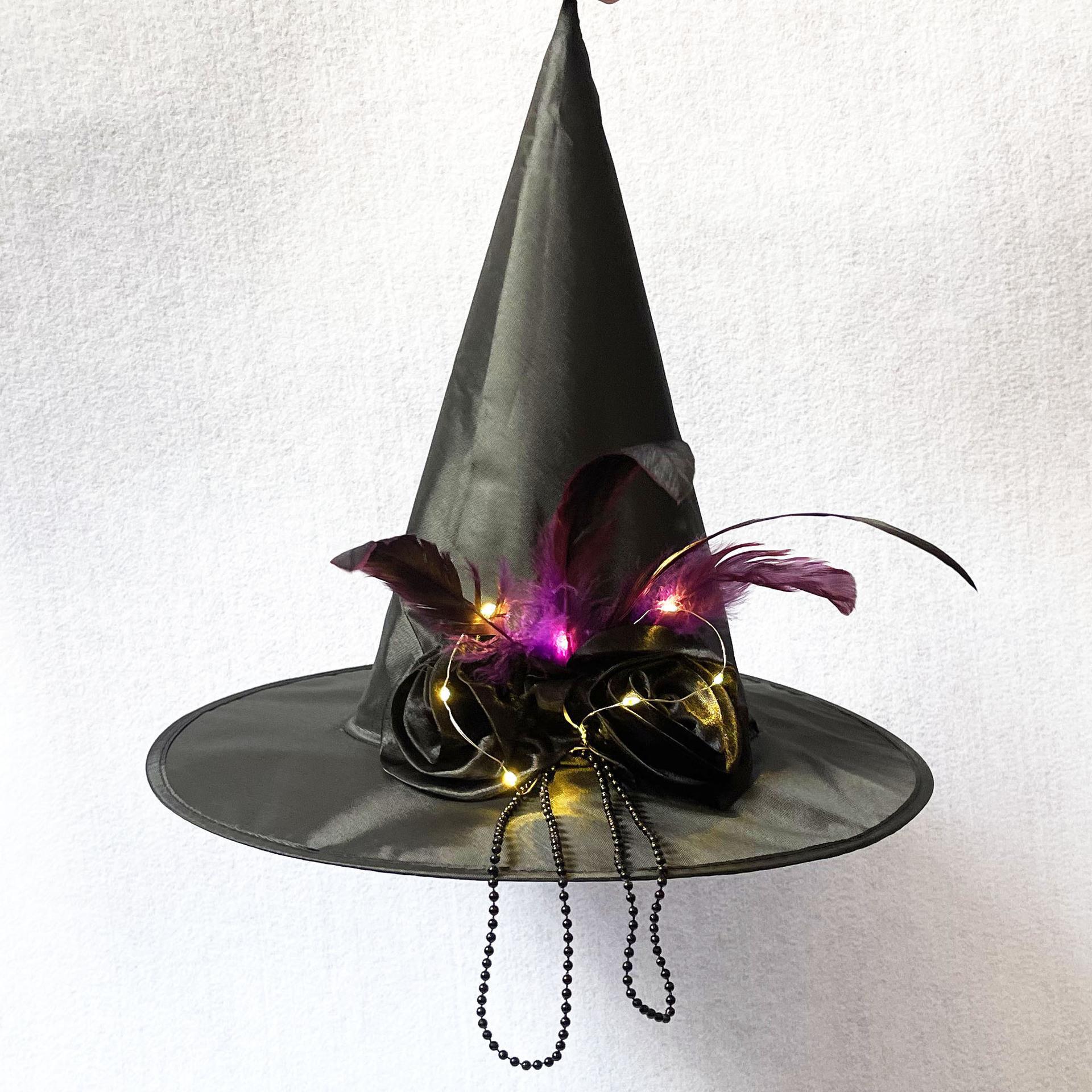 万圣节巫师帽女巫帽舞会装扮暗黑少女魔女帽子发光羽毛玫瑰花头饰