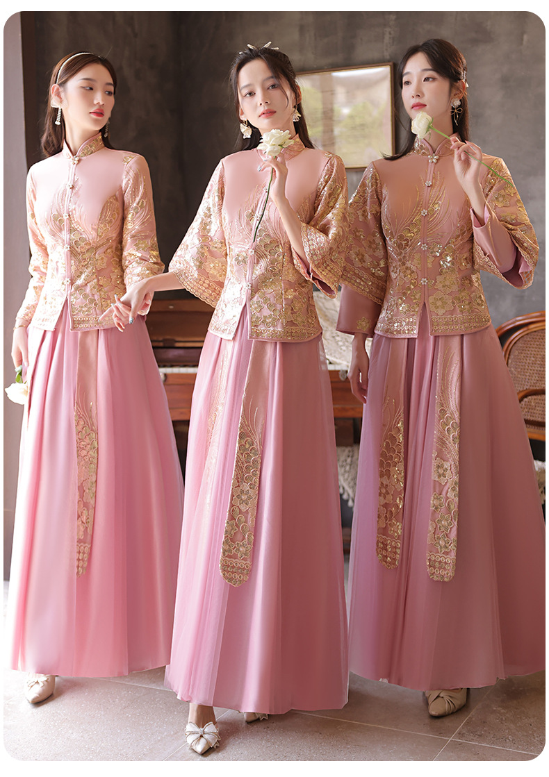 中式伴娘服高级感2022新款春夏季小众显瘦姐妹团礼服裙长袖旗袍女