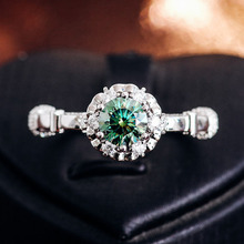 欧美新款1-3克拉蓝绿色圆形莫桑石钻戒高级订婚戒指女款
