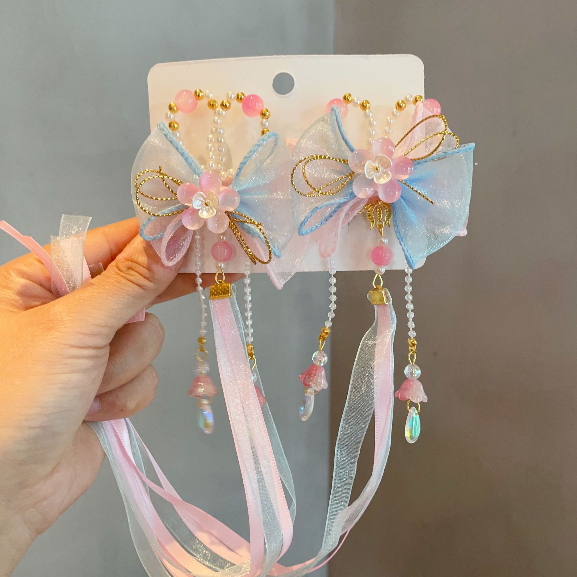 汉服头饰女儿童古装仙气发夹发饰女童古风飘带配饰夹子蝴蝶结发卡