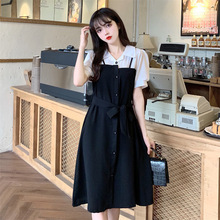 黑白拼接假两件短袖衬衫连衣裙女夏季设计感撞色韩版系带收腰长裙