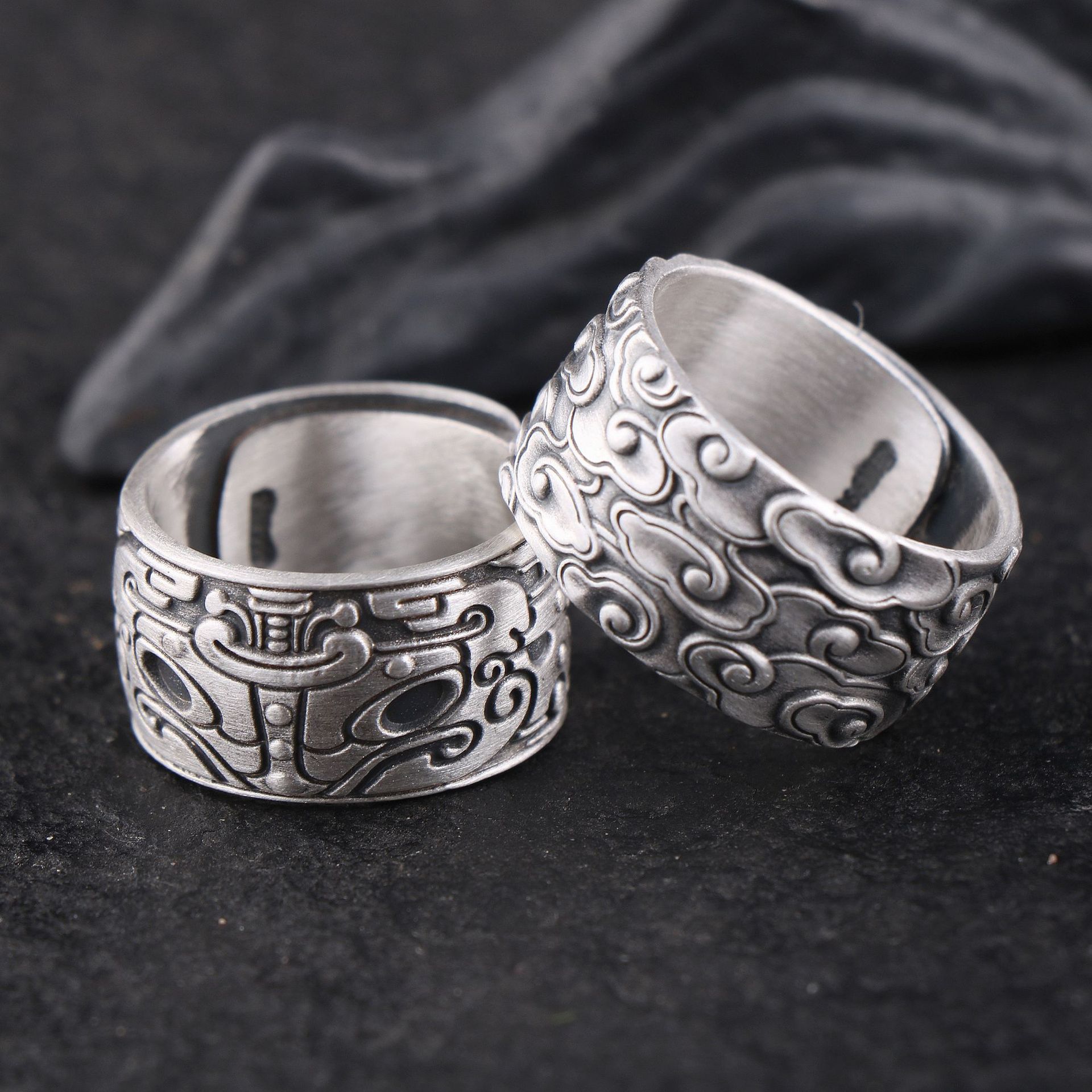 s999复古纯银戒指民族风开口宽面男女手工如意祥云招财饕餮银指环