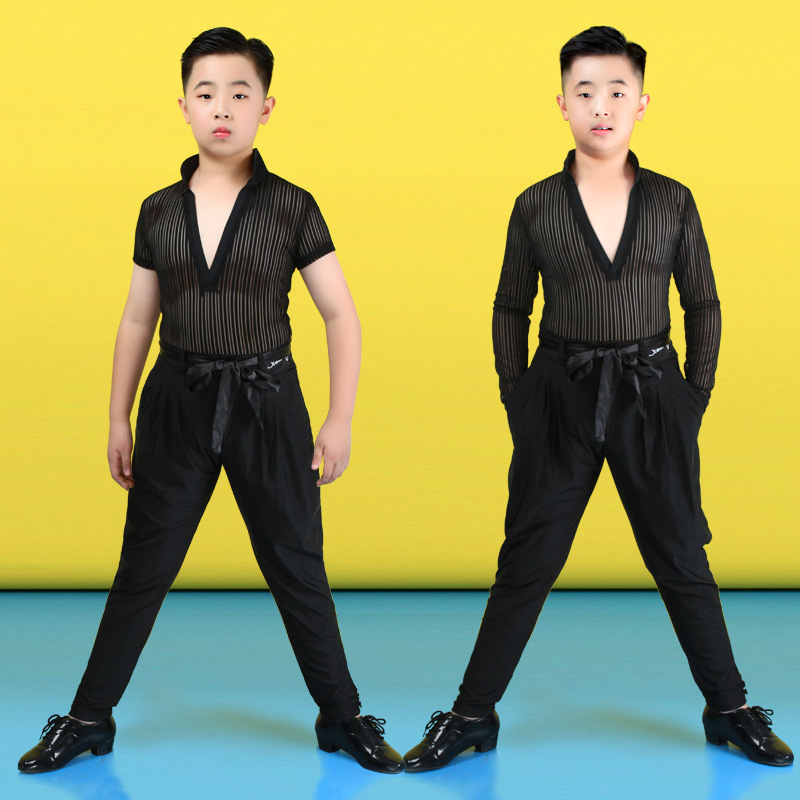 包邮男童拉丁舞服装套装少儿男孩男生练功考级比赛表演服短袖夏季