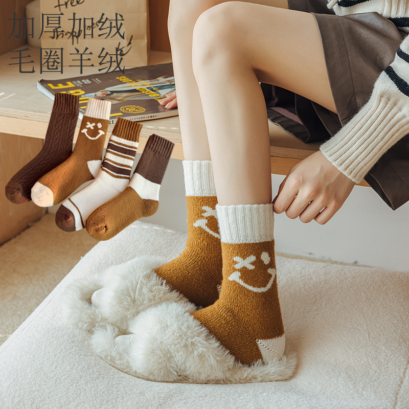 Women's Socks Autumn and Winter Fleece-lined Thickened Self-Heating Lambswool Warm Feet Wool Socks Warm Terry Cotton Middle Tube Socks