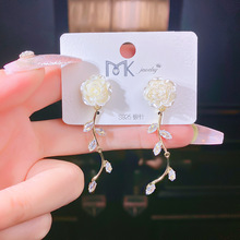 925银针真金电镀花朵树叶气质锆石耳环 韩版时尚设计感潮流耳钉