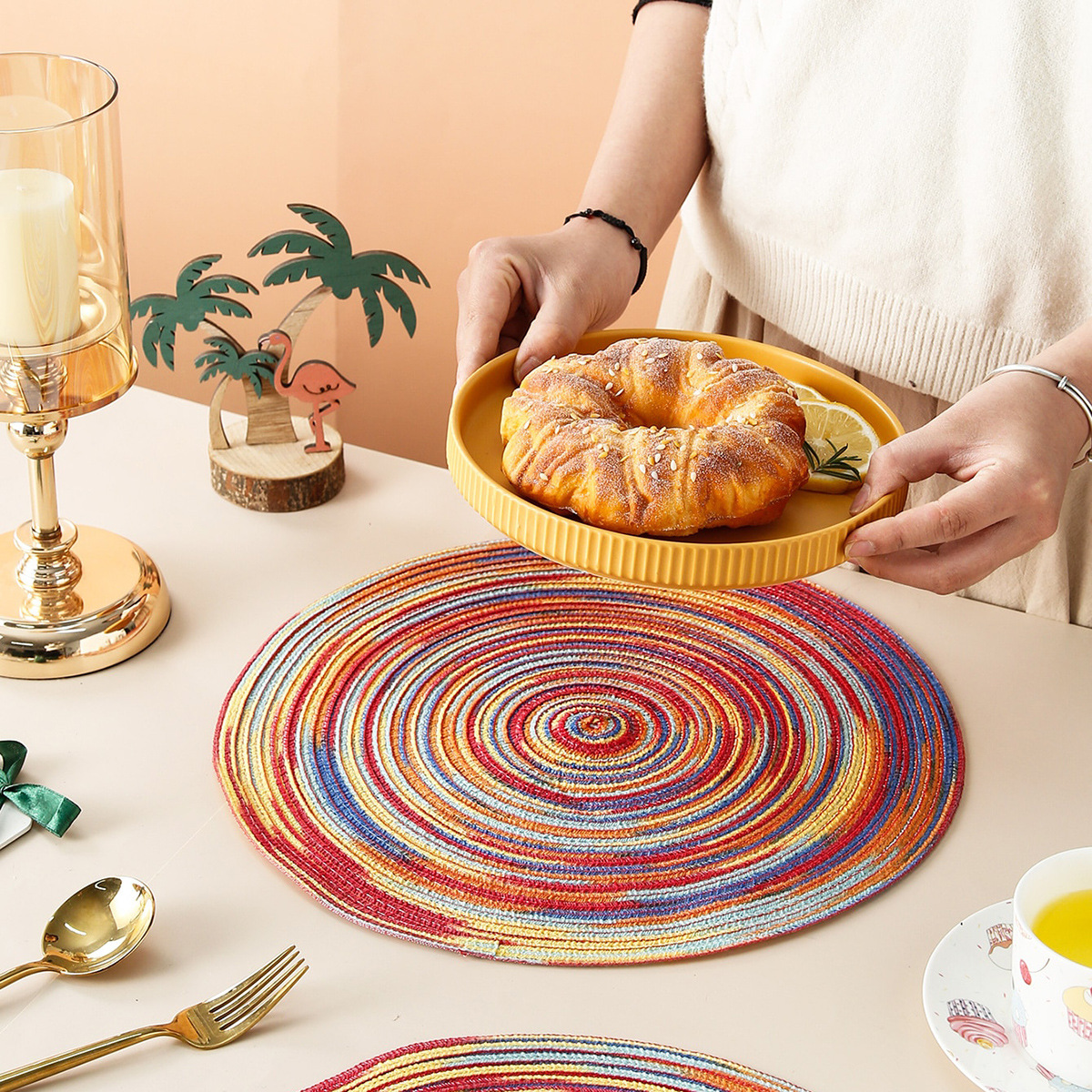 北欧简约棉纱餐垫苎麻编织餐垫餐桌隔热垫防水防油锅