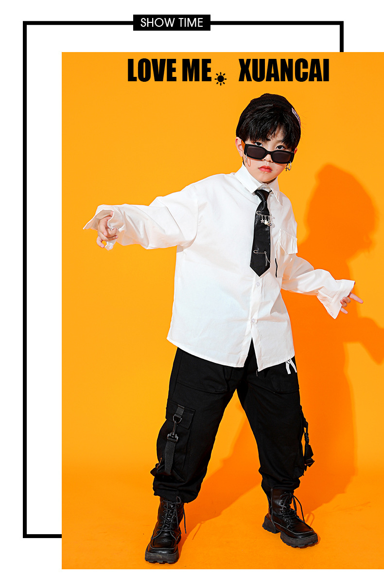 潮牌儿童街舞男童装嘻哈衬衫潮装男孩hiphop模特走秀套装演出服装