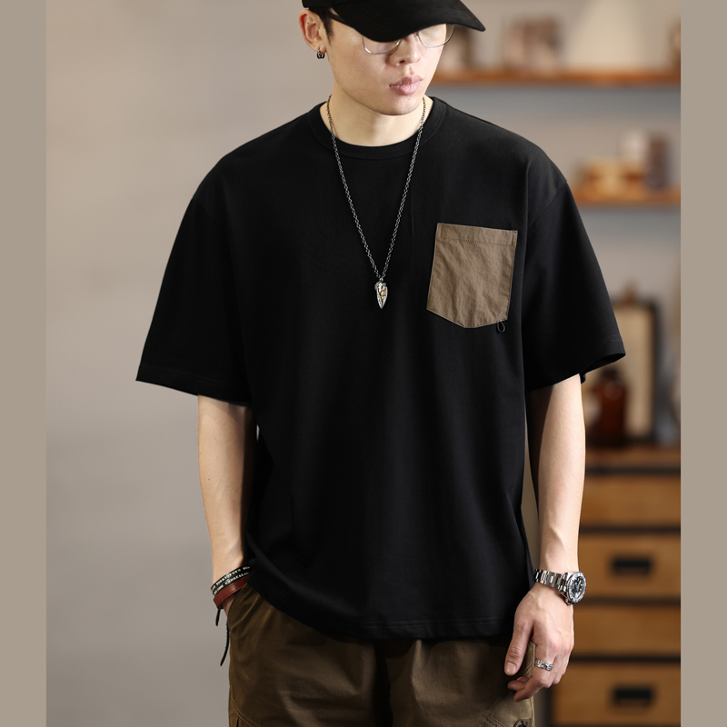美式潮牌撞色口袋短袖t恤男士宽松圆领半袖体恤夏季休闲百搭上衣