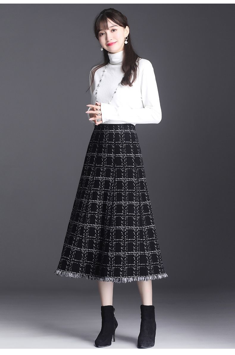 针织半身裙女秋冬季2020新款韩版中长款流苏高腰a字裙包臀毛线裙