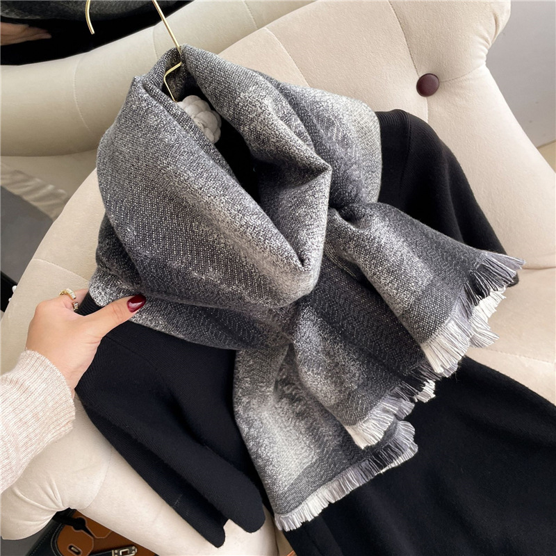 New Fashion Gradient Color Artificial Cashmere Scarf Women's Winter Transition Color Thickened Double-Sided Air Conditioning Shawl Scarf Outer Wear