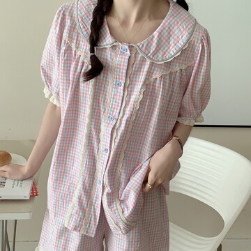 纯棉korea夏季新款睡衣女套装小格子宽松休闲可爱外穿学生家居服
