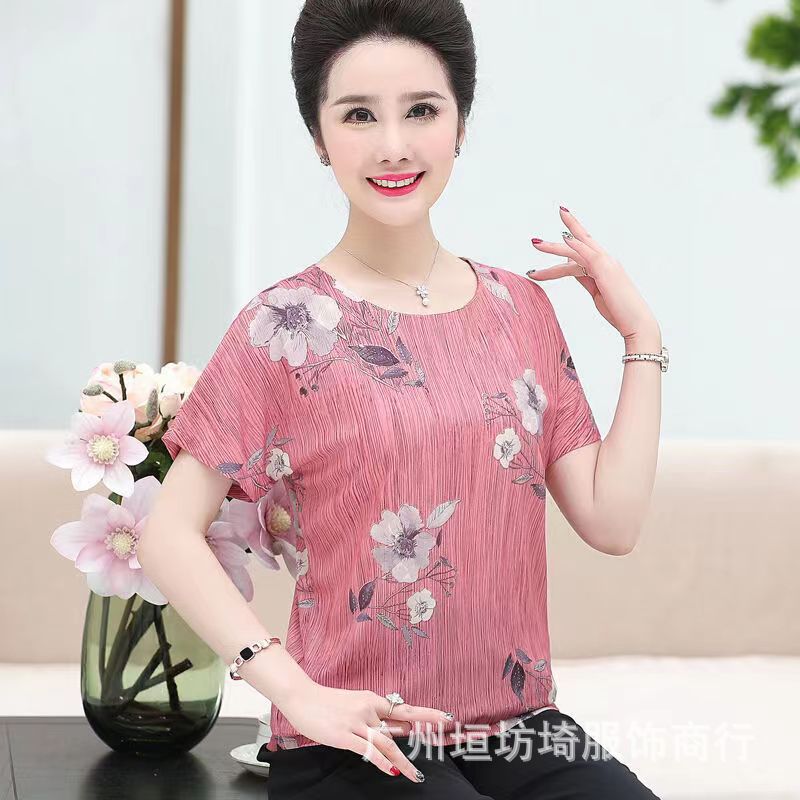 Floral Ice Silk Beauty Stripe Summer New Mother's Clothes Middle-Aged and Elderly Short-Sleeved T-shirt Loose Top Mom Short-Sleeved