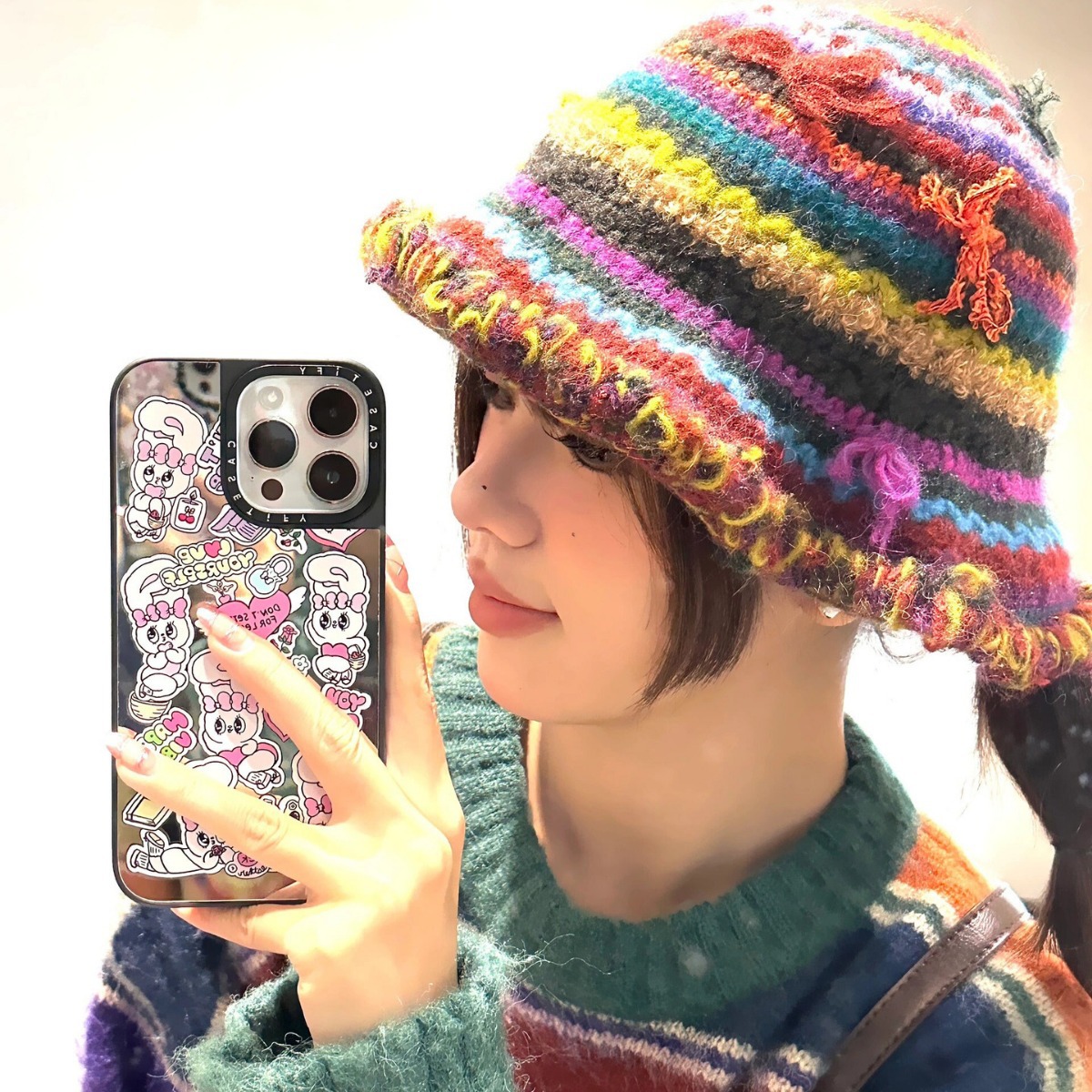 白鹿同款手钩彩色条纹渔夫帽女复古设计感小众甜美可爱针织帽子潮