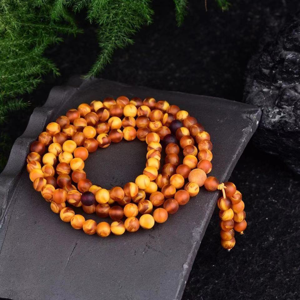 景区直播货源虎皮纹松香老蜜蜡手串108颗多圈手链男女款108颗佛珠