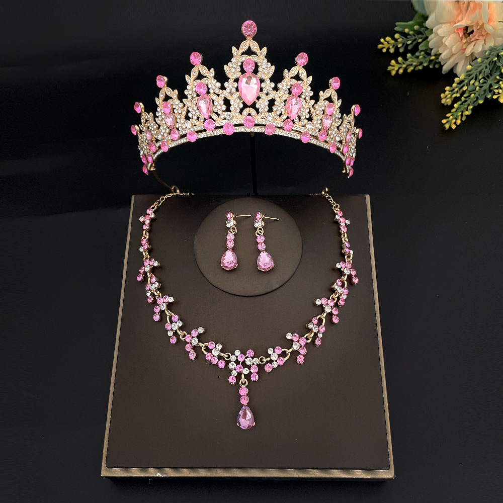 New Bridal Headdress Crown Three-Piece Set Wedding Necklace Earrings Rhinestone Suit European and American Wedding Accessories Wholesale